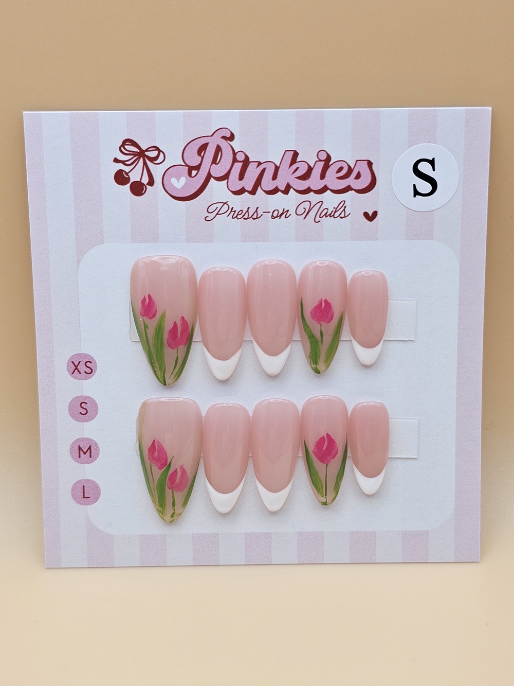 Press-on Nails Set 10pc Size S Almond White French Tips Pink Green Floral